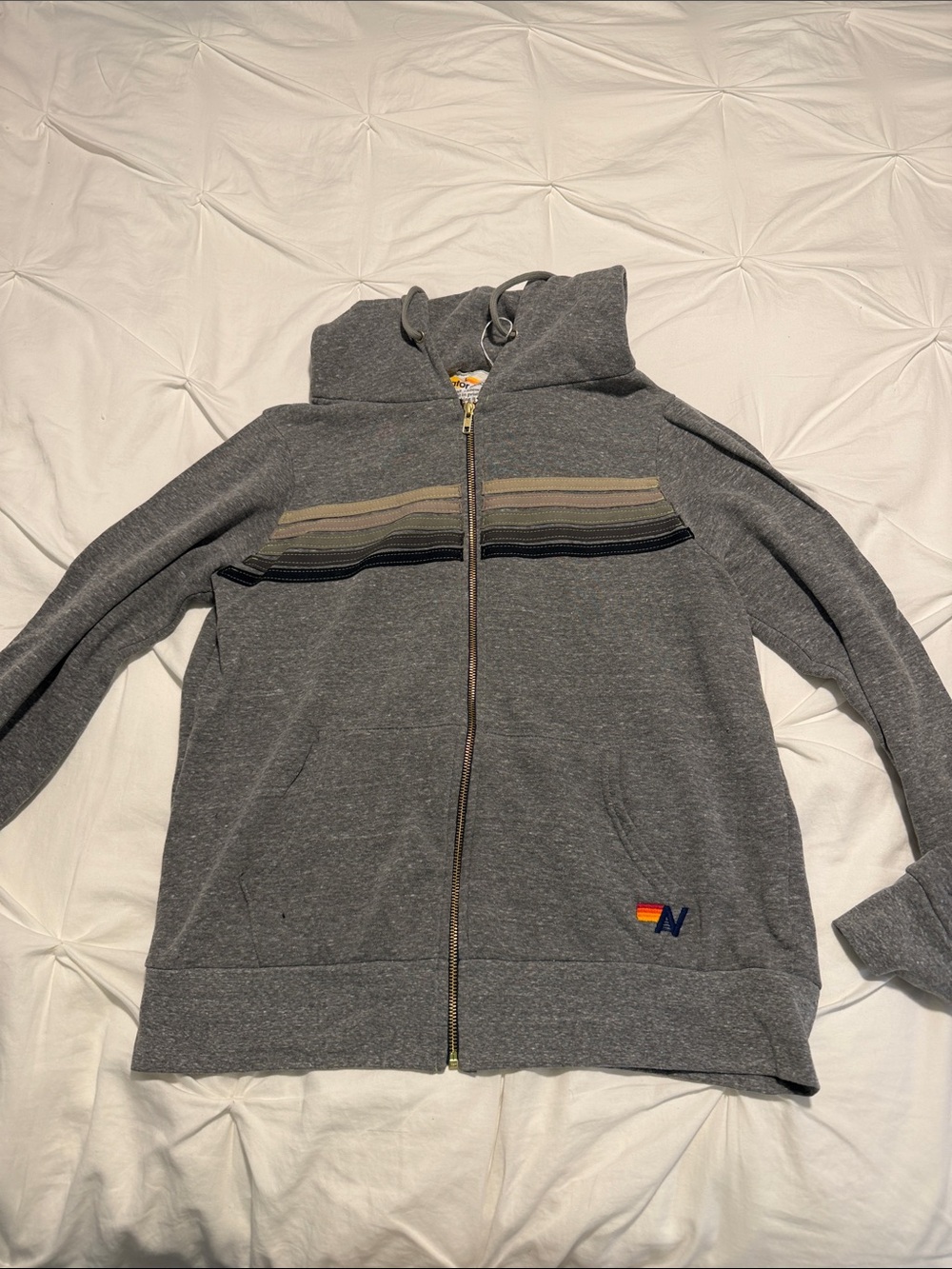 Men's Gray Zip-Up Hoodie Sweater with Subtle Stripe Detail